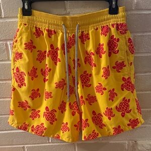 Vilebrequin Yellow Swim Trunks with Pink Turtle Print